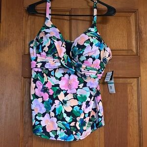 Tankini bathing suit top, blue multi colored, size 16
